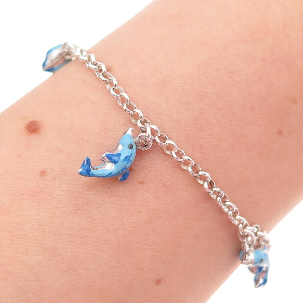 925 Sterling Silver Vintage Italy Enamel Dolphin Rolo Link Bracelet 5.75-6.75"